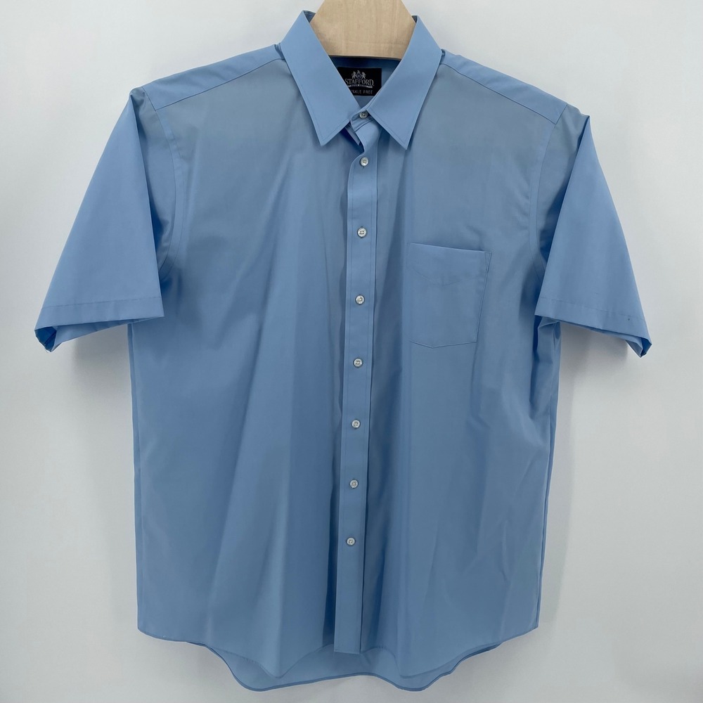 Stafford Super Shirt Mens 17.5 Blue Short Sleeve Wrinkle Free Button Down Shirt